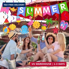 25PCS Hello Summer Pool Party Decorations – Tropical Banner and Beach-Themed Han