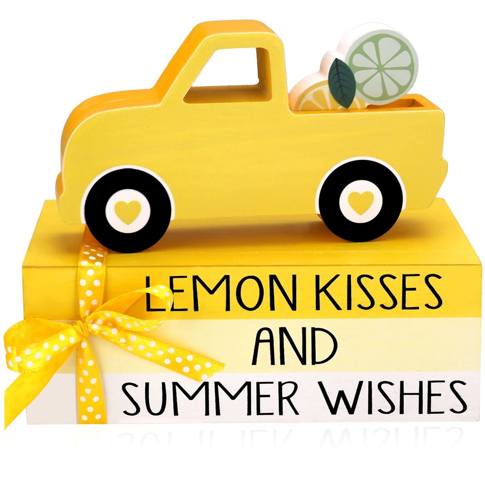 5 PCS Lemon Tiered Tray Decor, Rustic Book Stack & Truck with Lemon Wooden Si…