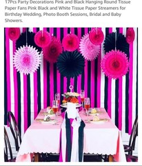 17PCS Hanging Paper Fan Party Decorations & Paper Streamers Pink/Black/White