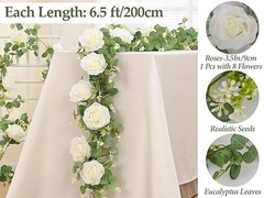 2Pcs 13Ft Artificial Eucalyptus Garlands with Flowers – 8 Roses, Faux Floral