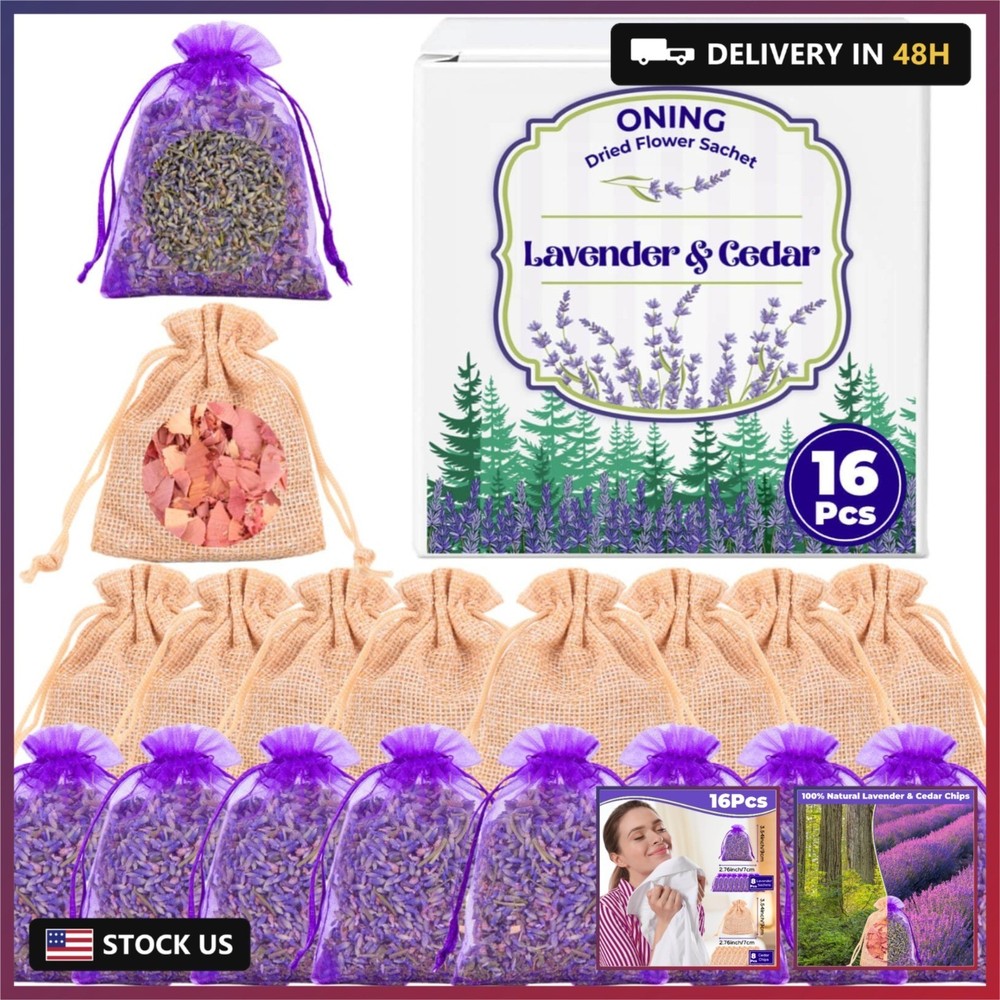 16 Pack Lavender Sachet Bags & Cedar Chips Set – 100% Natural Premium Dried Lave