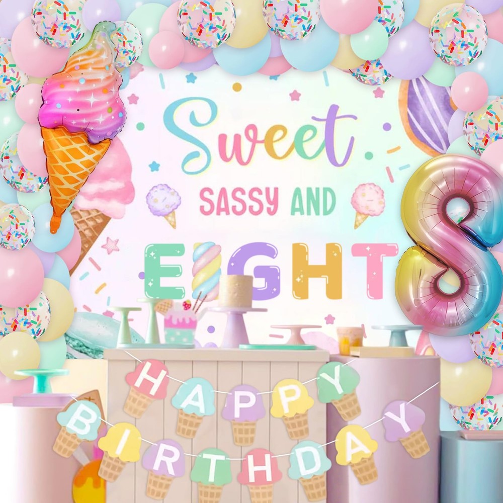 Sweet Sassy and Eight 8th Decorations for Girls 8 Year Old Party Decor Ice Cr…