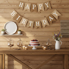 Happy Birthday Banner, Boho Neutral Beige Brown Canvas Faux Burlap Garland, Pre-