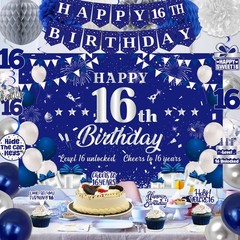 16th Birthday Decorations for Boys Girls, Blue Silver Sweet 16th Birthday Par