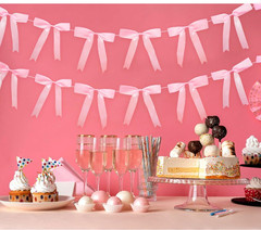2Pcs Pink Bow Garland Banner, Satin Ribbon Decorations for Coquette Theme Birthd
