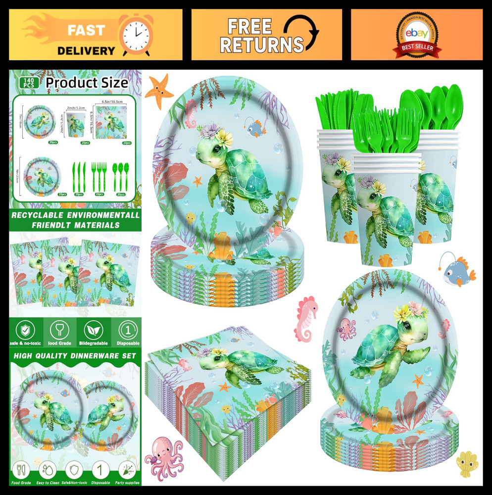 140pcs Ocean Turtle Birthday Party Supplies – Under the Sea Decor, Plates, Napki