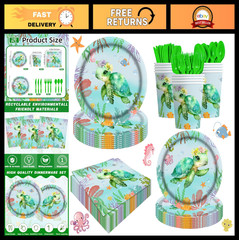 140pcs Ocean Turtle Birthday Party Supplies – Under the Sea Decor, Plates, Napki