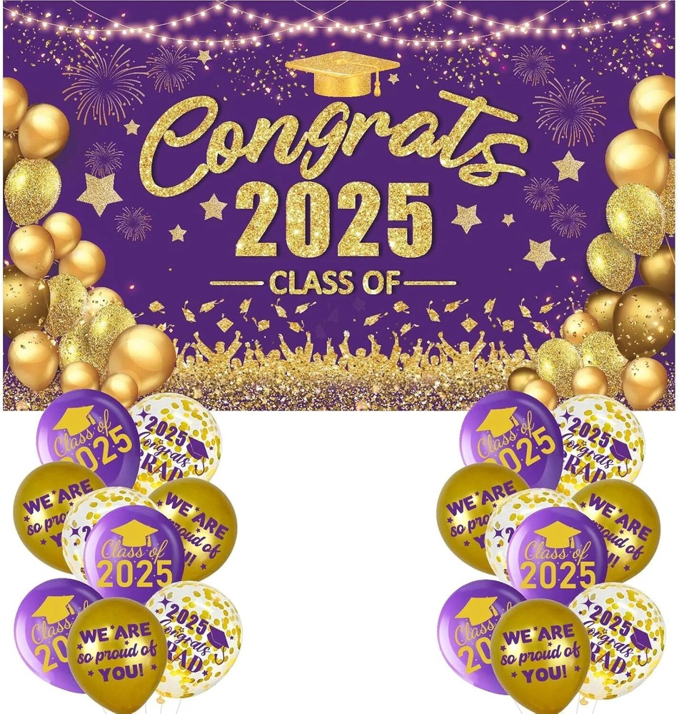 Purple and Gold Graduation Decorations Class of 2025 Banner with 18 Pcs Grad Bal