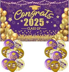 Purple and Gold Graduation Decorations Class of 2025 Banner with 18 Pcs Grad Bal