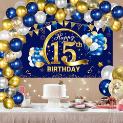 Blue Gold 15Th Birthday Banner with Confetti Balloon Arch, Happy Fifteen Banner