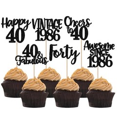 Rsstarxi 24 Pack Vintage 1986 Cupcake Toppers Black Glitter Happy 40th Birthd…