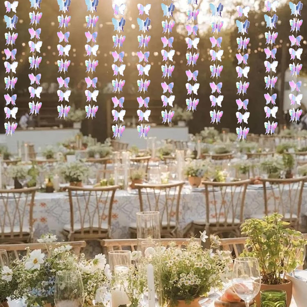 Iridescent 3D Butterfly Garland Holographic Paper Streamer Banner for Birthdays,