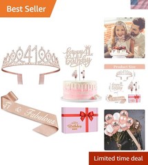 Elegant 41st Birthday Decorations Set: Sash, Crown, Candles in Rose Gold