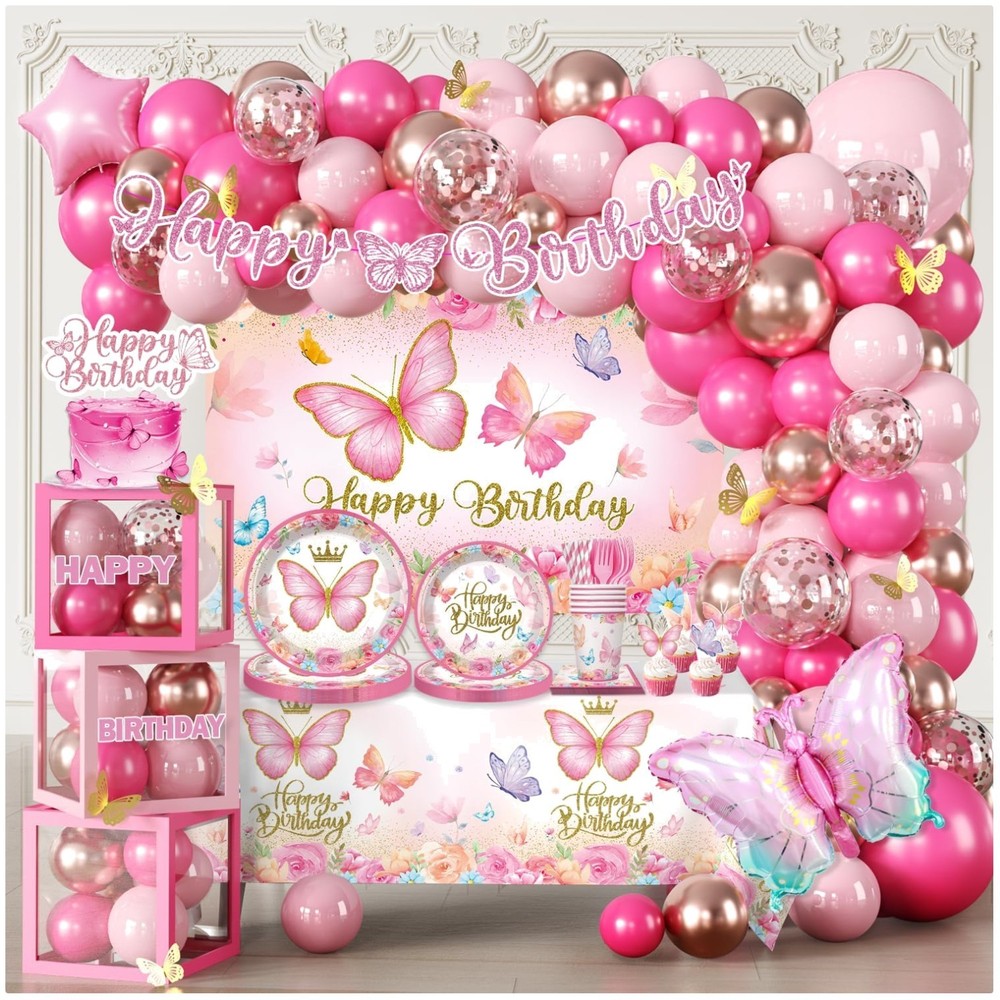 Pink Butterfly Birthday Decor – Tableware & Balloons