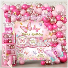 Pink Butterfly Birthday Decor – Tableware & Balloons