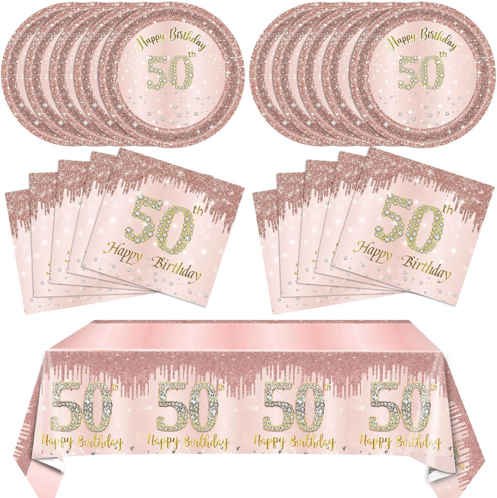 50th Birthday Decorations for Women Rose Gold 50 Years Old Party Tableware Set I