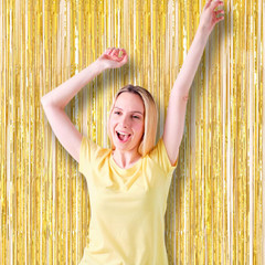 Voircoloria 3 Pack 3.3 x 8.2 ft Laser Gold Foil Fringe Backdrop Curtains, Tinsel