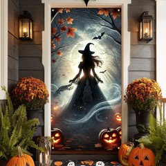 Halloween Decorations Witch Pumpkins Bats Haunted House Door Cover Banner 35X71″