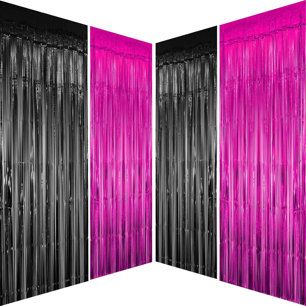 Hot Pink Black Party Metallic Tinsel Foil Fringe Curtain – Women Girls Birthday