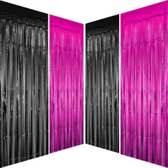 Hot Pink Black Party Metallic Tinsel Foil Fringe Curtain – Women Girls Birthday