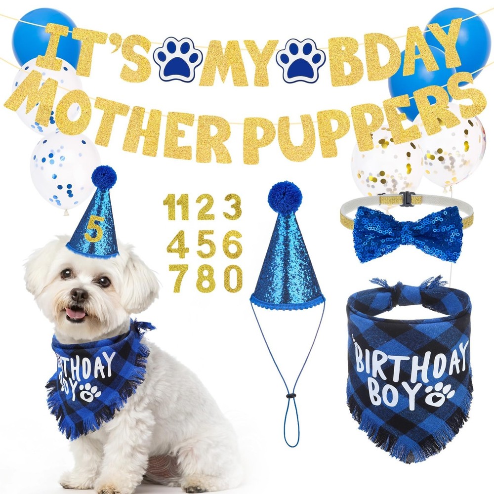 Dog Birthday Party Supplies Set – Bandana, Hat, Bow Tie, Collar & Decor for Medi