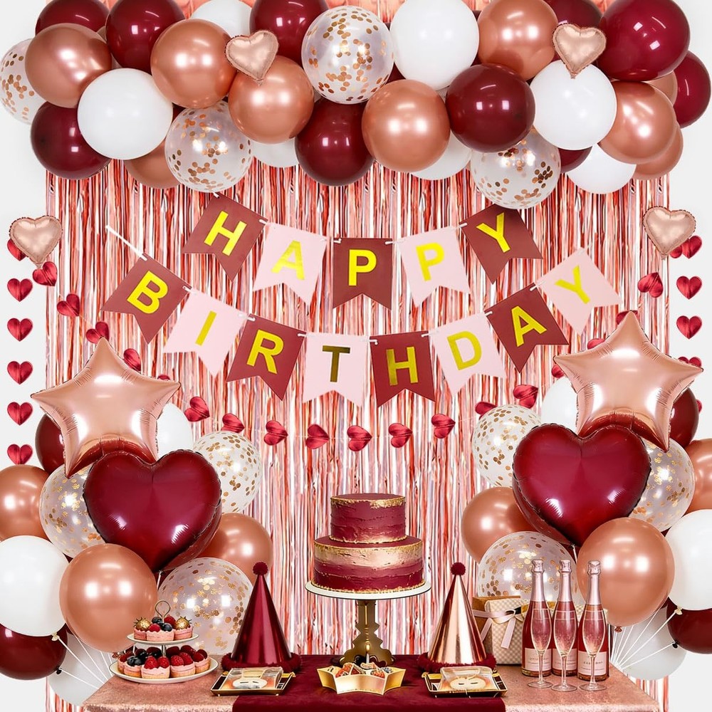 Burgundy Decorations for with Happy Bithday Banner, Curtains, Burgundy Heart …