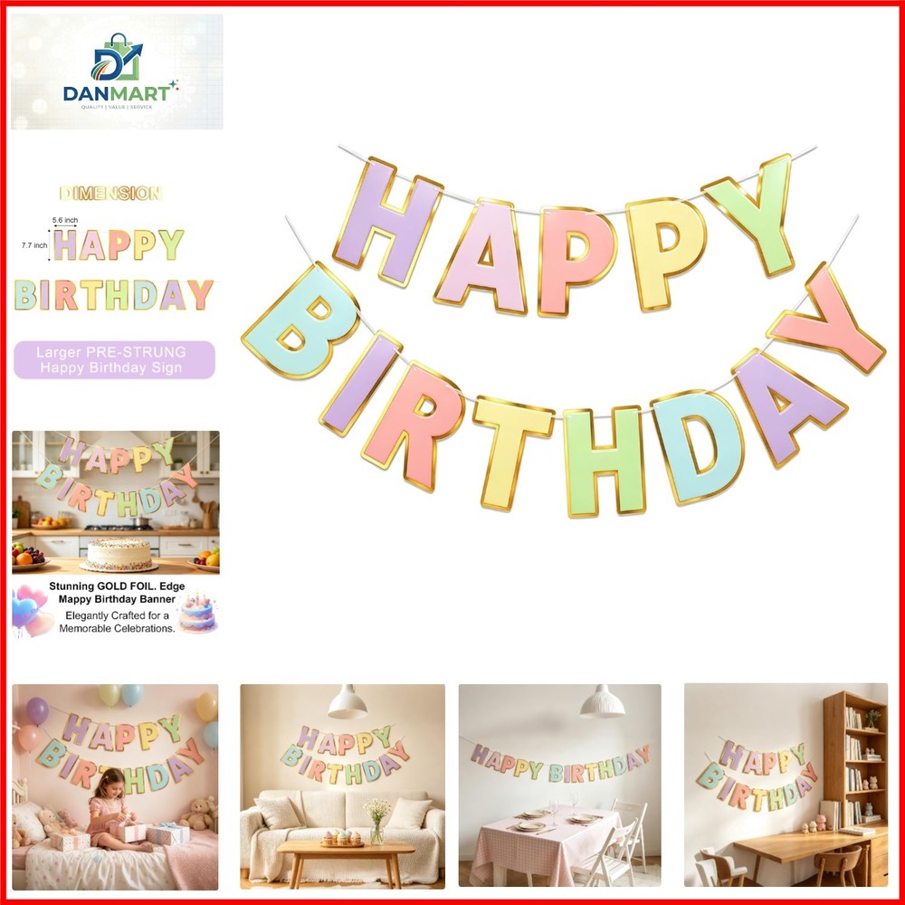Macaron Superlarge Alphabet Happy Birthday Banner Bunting Pre-Strung No DIY f…