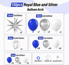 131Pcs Royal Blue and Silver Balloon Arch Garland Kit, Royal Blue White Silver C