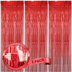 3 Pack 3.3 x 8.2 ft Laser Red Foil Fringe Backdrop Curtains, 25 Laser Red