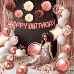 Rose Gold Birthday Decorations Set – Pack of 47, Balloons, Pompoms, Banner