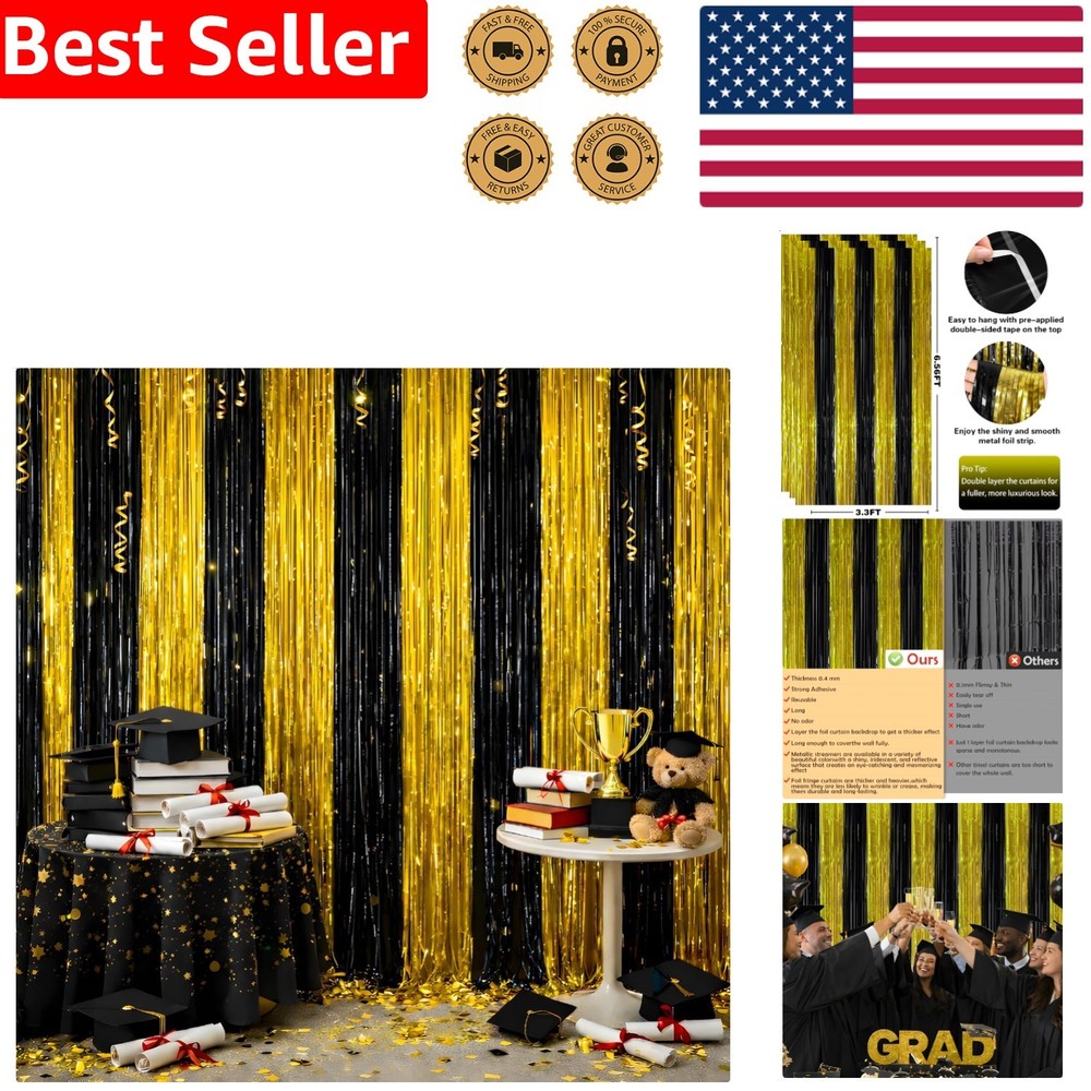Graduation Decorations 2026 Black Gold Foil Curtain Backdrop Class Party