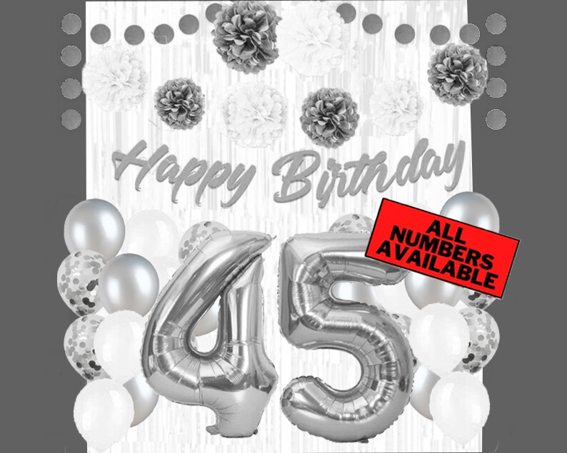 Silver & White 45th Birthday Decorations – 40″ Number Balloons &More-Boy or Girl