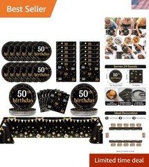 Cheers to 50 ! Black & Gold Party Set for 24 – Plates, Napkins & Tablecloth
