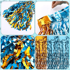 2 Pack Tinsel Foil Fringe Table Skirt, 108.3 x 29.5” Blue Orange Wavy Party