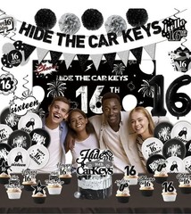 16th BIRTHDAY PARTY Decorations BLACK & SILVER, Hide The Car Keys 16 Years Old