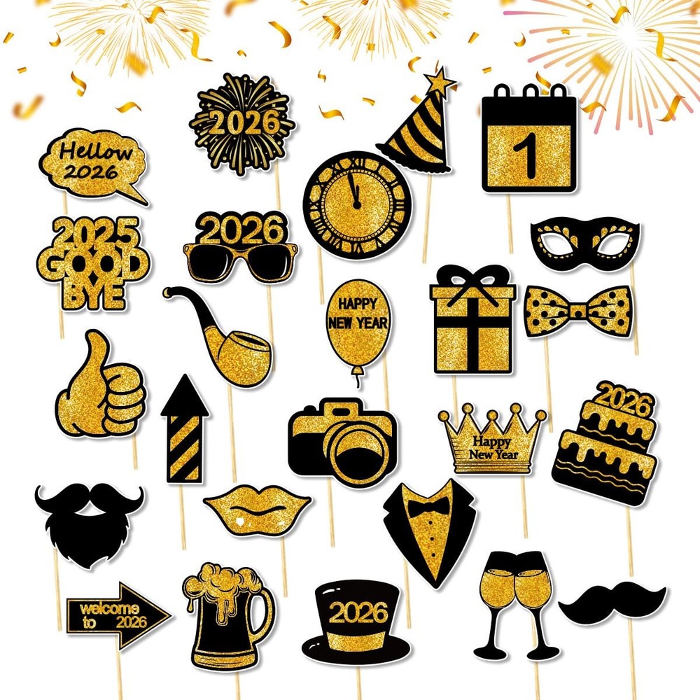25 PCS Happy New Year Photo Booth Props 2026 NYE Grad Party Black Gold Funny