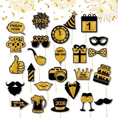 25 PCS Happy New Year Photo Booth Props 2026 NYE Grad Party Black Gold Funny