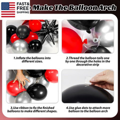 Red and Black Birthday Party Decorations, Red Black White Metallic Silver Foil B
