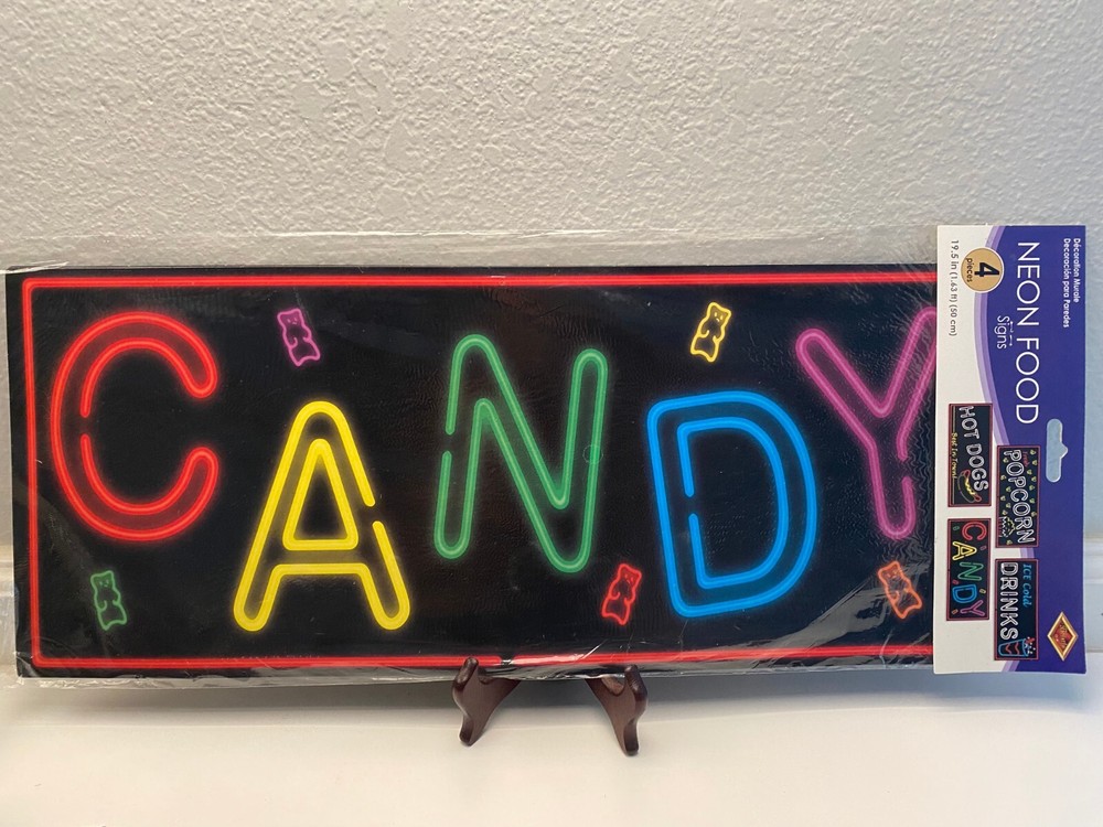 Beistle Neon Food Signs Candy Popcorn 4 pack 2-Sided Party Decorations 19.5″x8″