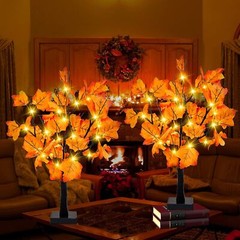 2 Pack 24-inch Fall Lighted Maple Tree, 48 LED Lights Thanksgiving Table Tree