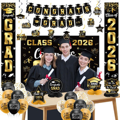 Graduation Decorations 2026 Set Black Gold Banner Backdrop Balloon Kit Swirls