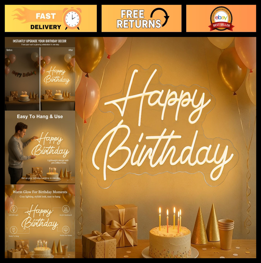Large Dimmable LED Happy Birthday Neon Sign – 22×16.9 Inch Wall Decor for Partie