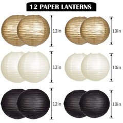 Paper Lanterns Decorative, Black Gold Hanging Round Chinese Lanterns with Lights