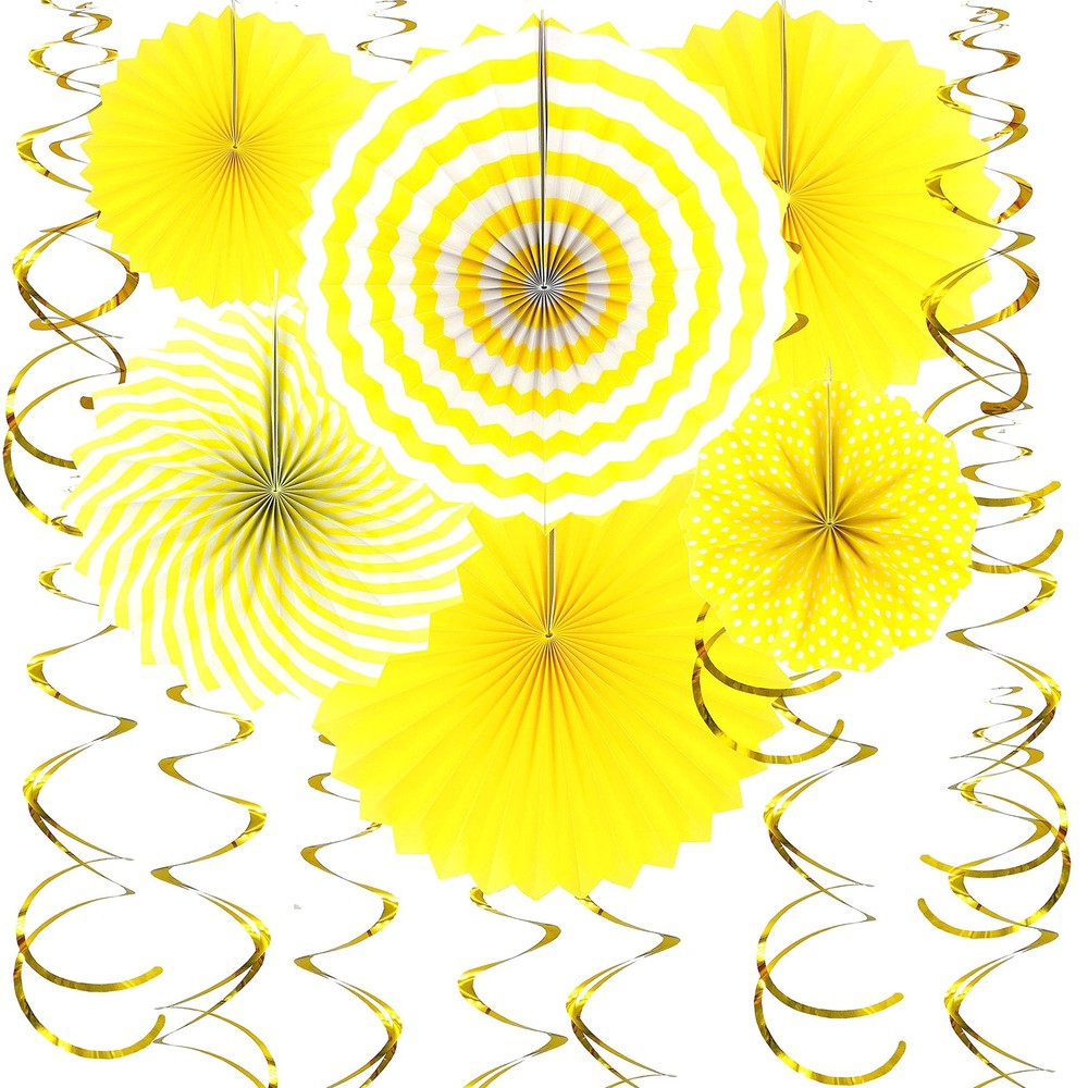 Yellow Hanging Paper Fans Decorations Gold Swirls Ceiling Decor 20 PCS Set