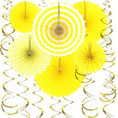 Yellow Hanging Paper Fans Decorations Gold Swirls Ceiling Decor 20 PCS Set