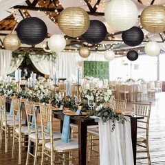 Paper Lanterns Decorative, Black Gold Hanging Round Chinese Lanterns with Lights