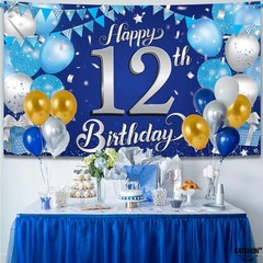 Happy 12th Birthday Banner – 72×44 Inch | Blue and Silver Happy 12th Birthday Pa