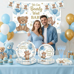 96 Pcs Baby Shower Party Decorations Tableware Set, Blue Bear Disposable Dessert