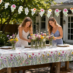 Floral Party Decorations Set Wildflower Tablecloth and Banner Birthday Wedding