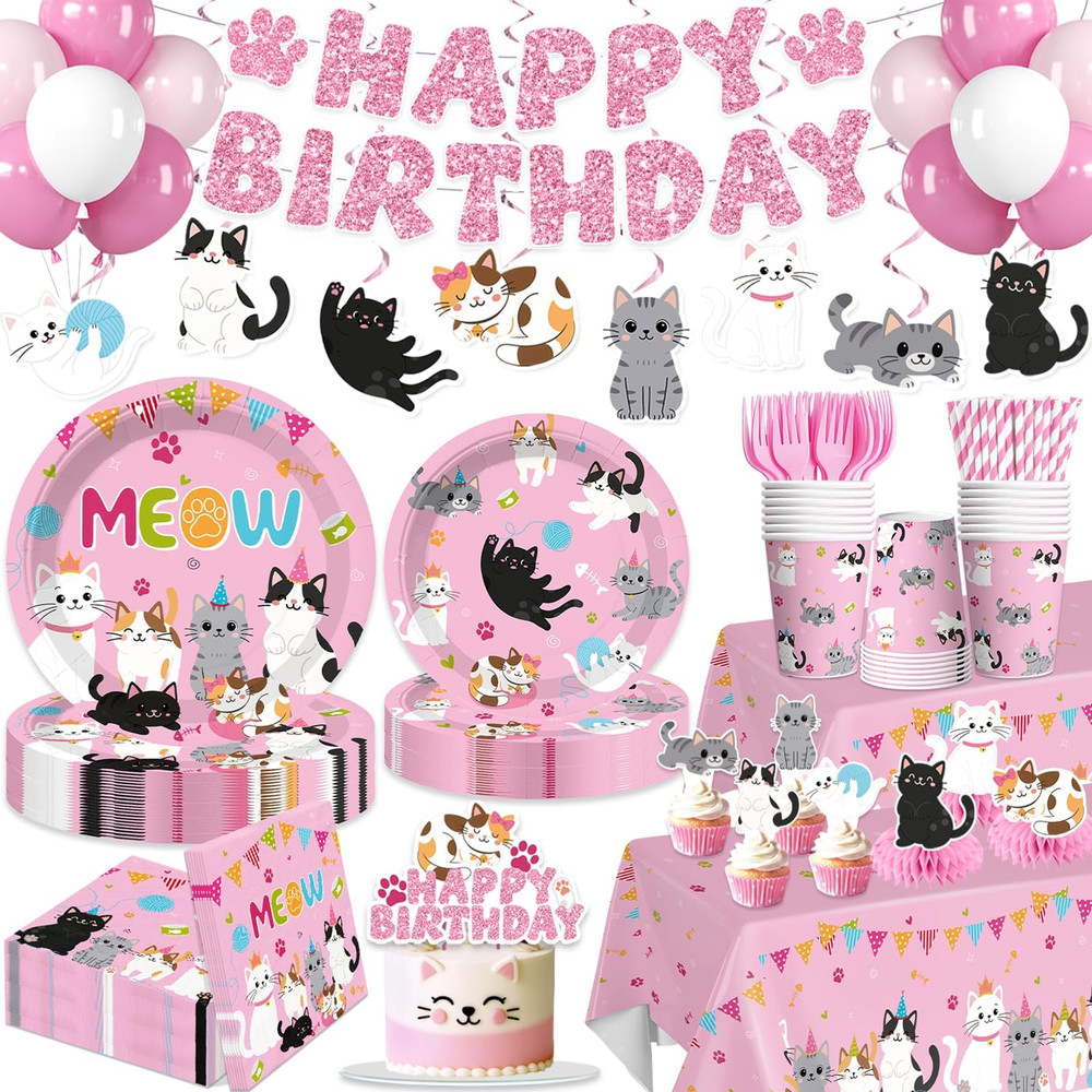 213Pcs Cat Birthday Decorations, Complete Paper Tableware Set Includes 350Gsm Pl